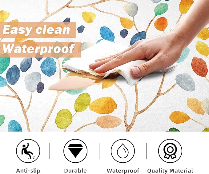 weesire Anti Fatigue Mats for Kitchen Floor Boho Kitchen Rugs Colorful Floral Leaves Memory Foam Cushioned Non-Slip Waterproof Kitchen Mat PVC Kitchen Rug Set, 17.3x28+17.3x47 inches, Laundry, Yellow