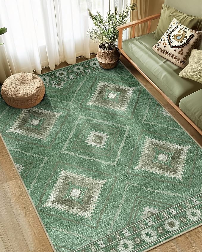 Area Rug 8x10 Rug Machine Washable Non-Slip Low Pile Print Pattern Western for Living Room Bedroom Sage