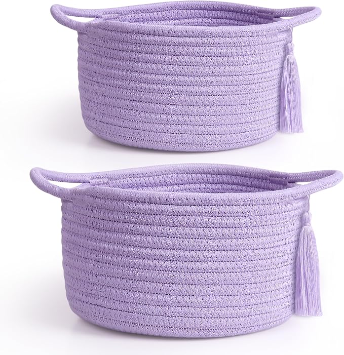 Small Purple Gift Basket Empty to Fill - SweetMemo Cute Woven Rope Organizer Baskets for Baby Shower, Vanity, Makeup, Bathroom, Decoration, Girls Room - Mini Cotton Storage Bins - 2 Pack