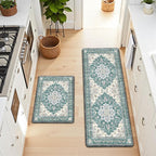 Boho Kitchen Mats for Floor 2 Piece Set Anti Fatigue Cushioned PVC Kitchen Rugs Non Slip Waterproof Farmhouse Mats 2/5 Inch Comfort Standing Mat for Sink, Laundry, 17.3"x47"+17.3"x28", Blue Green