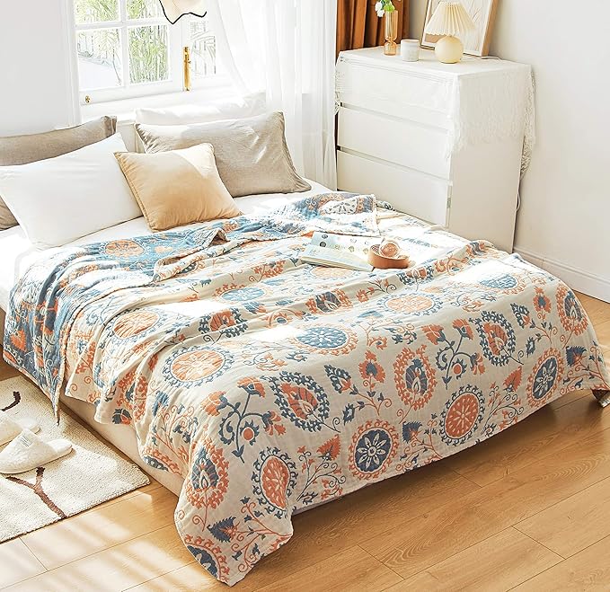 Scientific Sleep Floral Boho Mandala Datura Flower Bohemia Reversible 100% Cotton Muslin Blanket Throw Cover for Bed Couch Sofa Cozy Soft Lightweight Warm Quilt Bedspread Coverlet Twin 60 in x 80 in