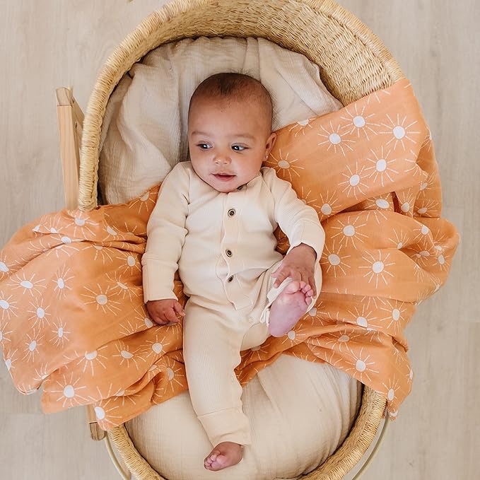 Organic Baby Muslin Swaddle Blankets for Boy or Girl - Sun and Rainbow Swaddling Blanket 2 Pack - Soft Muslin, XLarge and Breathable, Boho Baby, 47" X 47"