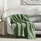 VHC Brands 100% Cotton Waffle Weave Olive Green Throw 50x60, Decorative Cotton Throw Blanket, Boho Farmhouse Bedroom, Living Room Decor for Bed, Couch, or Sofa