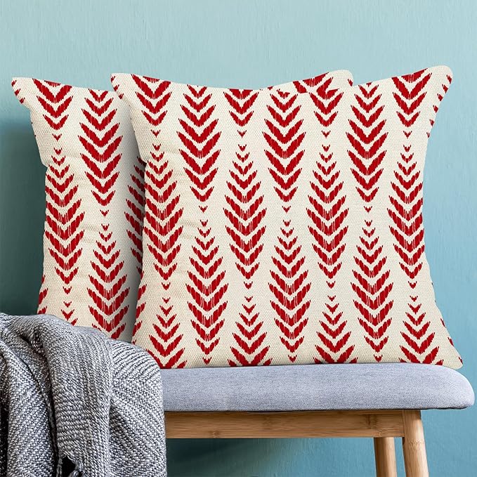 BETGINY Boho Pillow Covers 18 x 18 Inch Pack of 2, Red Bohemian Ethnic Herringbone Pattern Decorative Throw Pillow Covers Vintage Linen Farmhouse Outdoor Pillowcase for Bedroom Home Sofa Decor