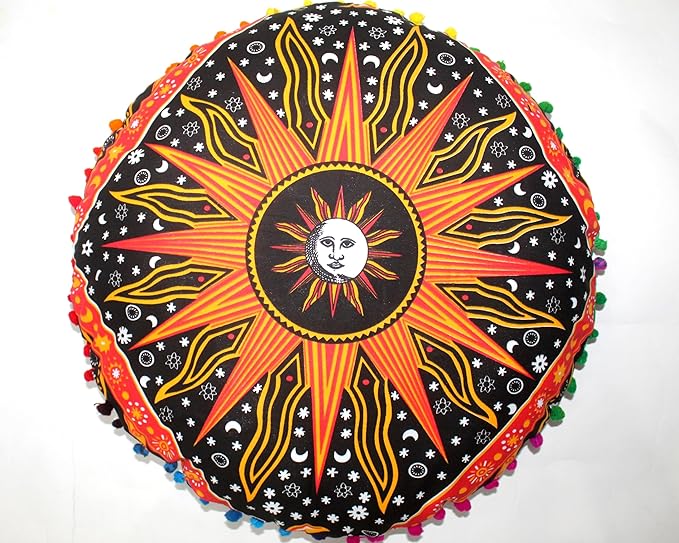 CRAFT KALA Large Round Bohemian Floor Pillow Pouf Cover Mandala Meditation Room Pillow Cover for Adults Boho Seating Poufs Cushion Cover for Kids Playroom 32" Round Orange Burning Sun