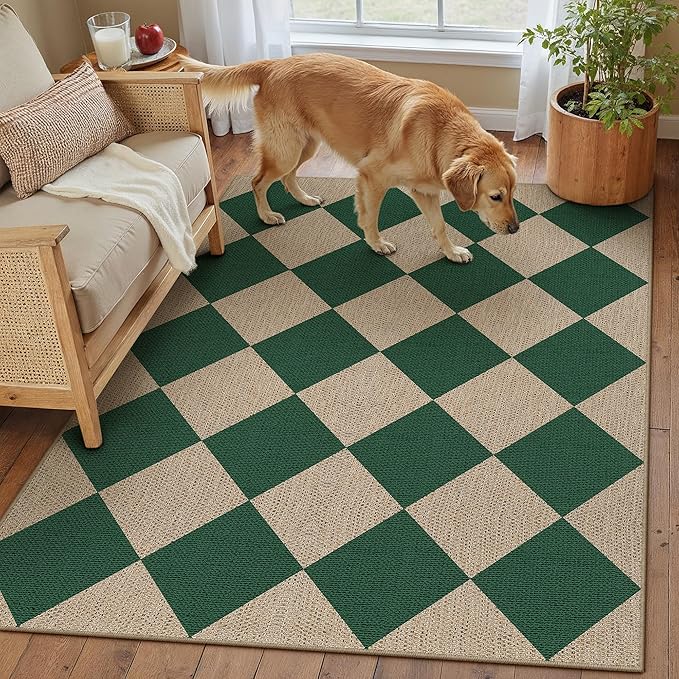 3x5 Checkered Easy Jute Outdoor Patio Rug Washable Area Rugs for Living Room Entryway Diamond Indoor Outdoor Mat Farmhouse Neutral Non Slip Green Door Carpet for Backyard Bedroom
