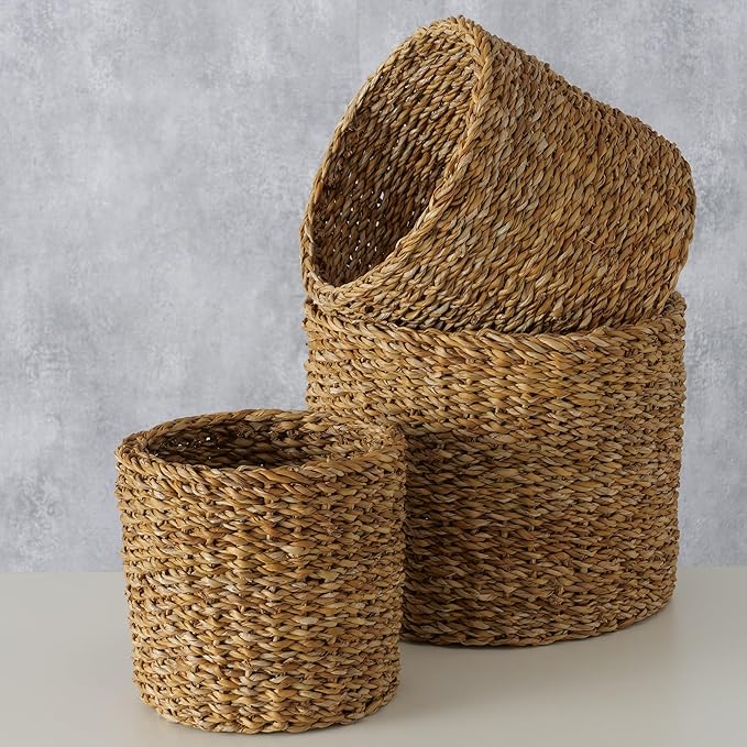 WHW Whole House Worlds Made by Nature Seagrass Baskets, Round, Natural Chunky Sweater Weave, Set of 3, Made by Hand, from 9.75-6.75 D Inches, Ideal for Storage