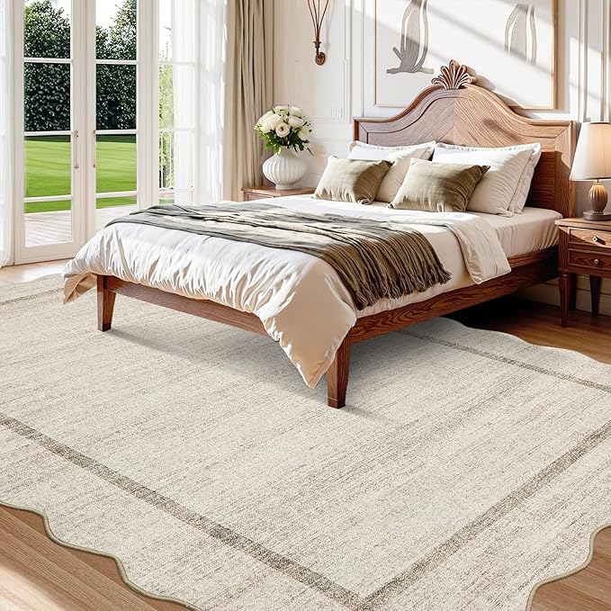 GarveeHome Scalloped Washable Rug 9x12 Area Rug for Bedroom Modern Living Room Rug Farmhouse Non Slip Large Area Rug Soft Throw Rugs Stain Resistant Carpet for Dining Room Nursery Beige 9'x12'