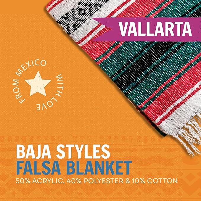Large Mexican Blanket in Melon/Teal — Handcrafted Serape Falsa Yoga Blanket (73” x 48”) – Throw for Camping, Beach & Outdoor Use – Artisan Craft, Made in Mexico from Recycled Fibers