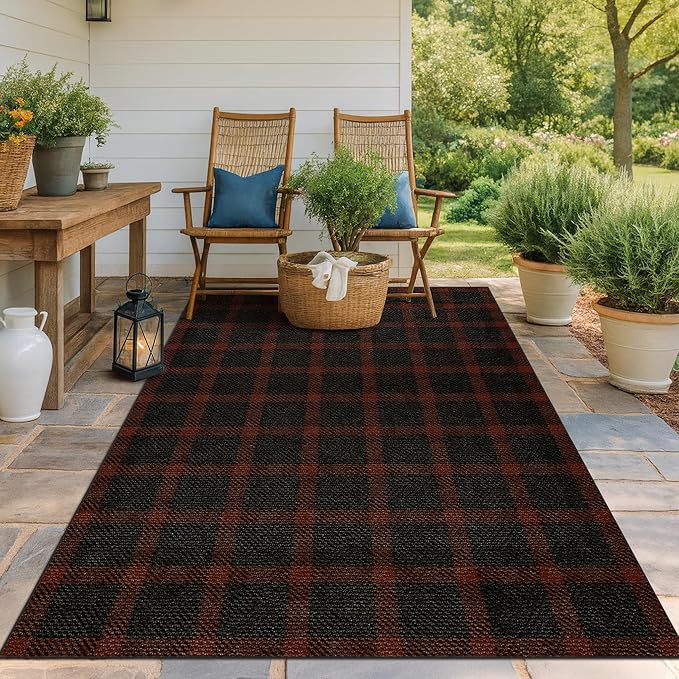 Easy Jute 5x7 Buffalo Plaid Rug for Bedroom Under Bed - Retro Black and Red Rug for Living Room, Entrance, Non Slip Washable Carpet for Patio and Fireplace, Washable Woven Fall & Holiday Decor