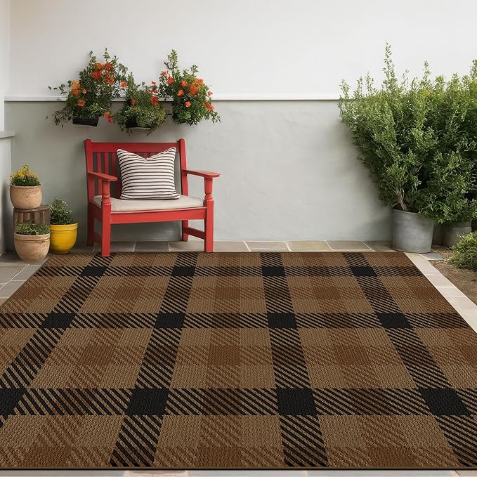 Brown Large Checkered Area Rug for Bedroom - 5x7 Easy Jute Dark Plaid Rug for Living Room, Large Entryway, Patio Outdoor Porch, Neutral Earthy & Coffee Rustic Décor