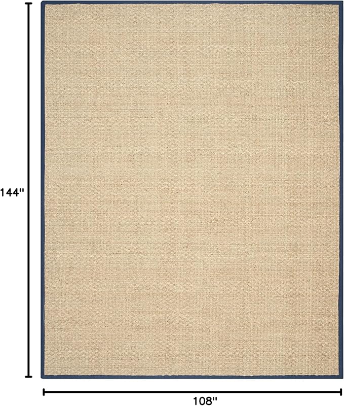 SAFAVIEH Area Rug 9x12 - Natural Fiber Collection - Large - Natural & Blue, Seagrass, Basketweave Pattern with Border (NF114E)