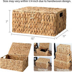 StorageWorks Large Water Hyacinth Baskets for Organizing, Wicker Basket with Lid for Shelves, Storage Basket with Lid and Built-in Handles, 1 Pack
