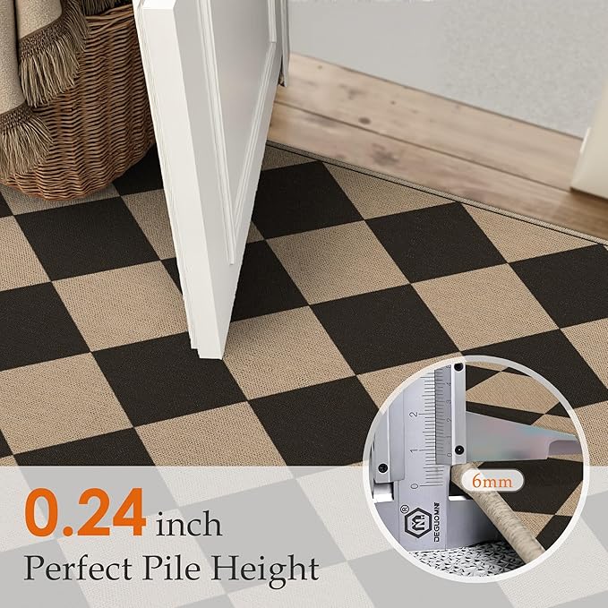 3x5 Checkered Easy Jute Outdoor Patio Rug Washable Area Rugs for Living Room Entryway Diamond Indoor Outdoor Mat Farmhouse Neutral Non Slip Black Door Carpet for Backyard Bedroom