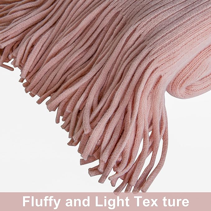NTBAY Acrylic Knitted Throw Blanket, Lightweight and Soft Cozy Decorative Woven Blanket with Tassels for Travel, Couch, Bed, Sofa, 51x67 Inches, Light Pink Striped