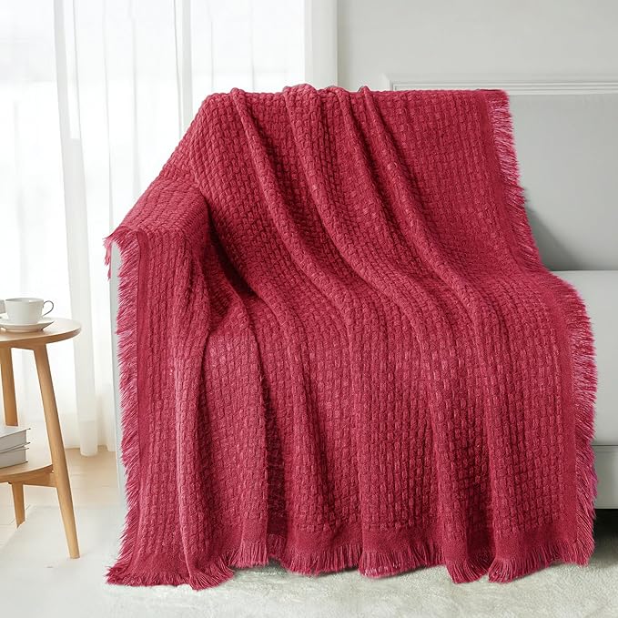 Exclusivo Mezcla Knit Throw Blanket with Fringes for Couch, Reversible Super Soft and Warm Woven Boho Throw for All Season, Home Decor, 50"x60", Red