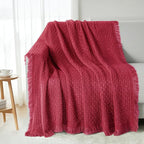 Exclusivo Mezcla Knit Throw Blanket with Fringes for Couch, Reversible Super Soft and Warm Woven Boho Throw for All Season, Home Decor, 50"x60", Red
