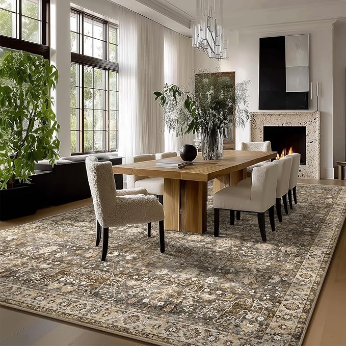 Washable Rugs for Living Room: 9x12 Area Rugs for Bedroom Ultral Soft Non-Slip Stain Resistant Vintage Boho Large Carpet for High-Traffic Dining Room - Farmhouse Decor