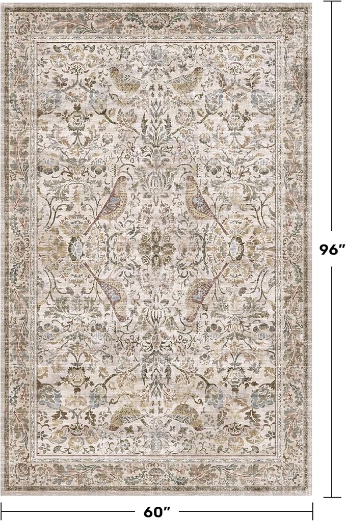 Traditional Oriental 5x8 Floor Rugs for Living Room, Washable Floral Area Rug for Dining Room Under Table, Low Pile Soft Bedroom Carpet, Vintage Brown Taupe Design, Boho Home Décor
