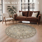 Bavni Round Rug 5ft-Machine Washable Area Rugs Non-Slip for Bedroom, 5x5 Vintage Floral Rug Distressed Throw Carpet for Living Room Nursery Kitchen Bathroom, Dark Espresso