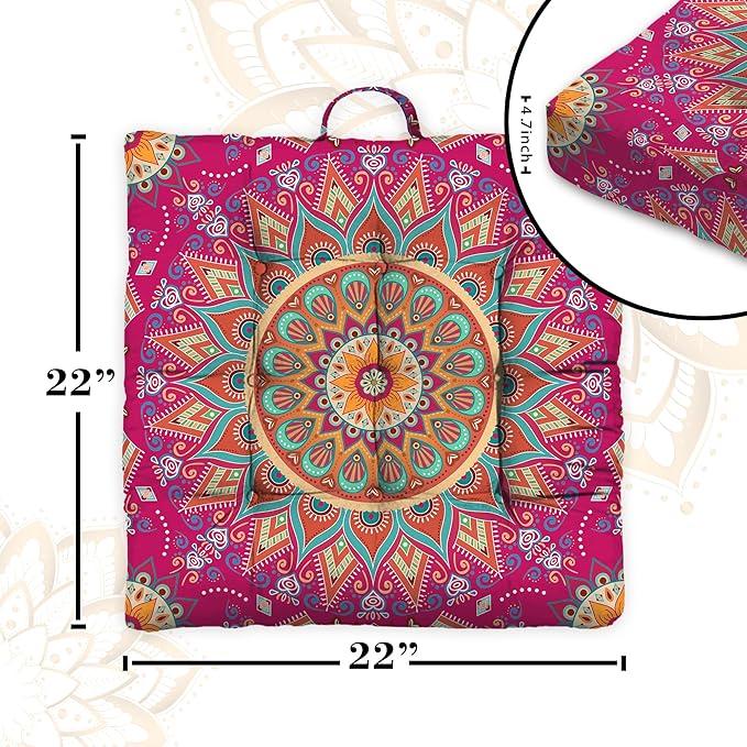 Mandala Meditation Cushion, Boho Meditation Mat, Meditation Pillows for Sitting on Floor, Cushions for Sitting in Home and Outdoor, Square Floor Pillow Cushion Seating for Yoga Accessories 22'' X 22''