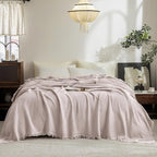 FOSSA Muslin Blanket with Fringe - 4-Layer 100% Cotton Gauze Super Soft & Breathable Throw -Lightweight Decorative Cooling Blanket for Bed, Sofa, Office (Greyish Pink, King (104" × 90"))