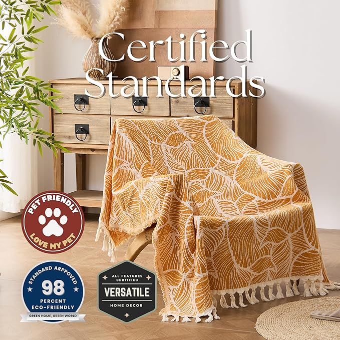 DOWN HOME Chenille Cotton Throw Blanket for Couch, Lightweight Boho Blanket for Bed Sofa Chair Living Room Outdoor Soft Woven Decorative Blanket with Tassel Gift Orange Leaves 55"x60"