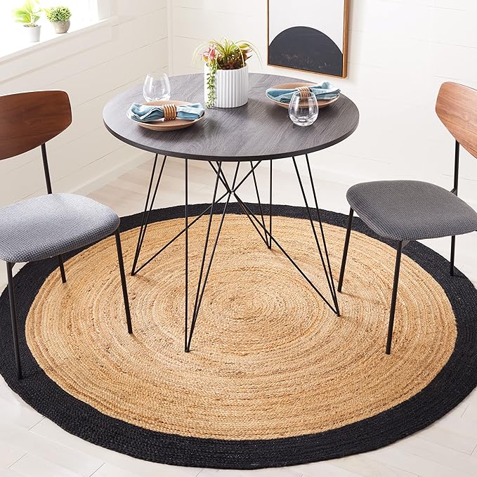 SAFAVIEH Natural Fiber Collection Area Rug - 6' Round, Natural & Black, Handmade Flat Weave Boho Farmhouse Rustic Border Jute, Ideal for High Traffic Areas in Living Room, Bedroom (NFB852Z)