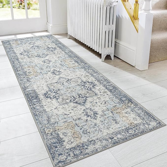 GENIMO Runner Rug 2'6"x7, Non Slip Vintage Hallway Runner Rugs, Low Pile Lightweight Machine Washable Mat for Hallway, Entryway, Bedroom, Kitchen and Corridor, Blue