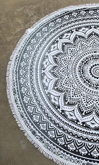 Round Beach Tapestry Turquoise Mandala Throw/Boho Hippie Beach Blanket Roundie/Indian Cotton Bohemian Large Round Table Cloth-Home Decor/Yoga Mat Meditation Picnic Rug (70", Grey)