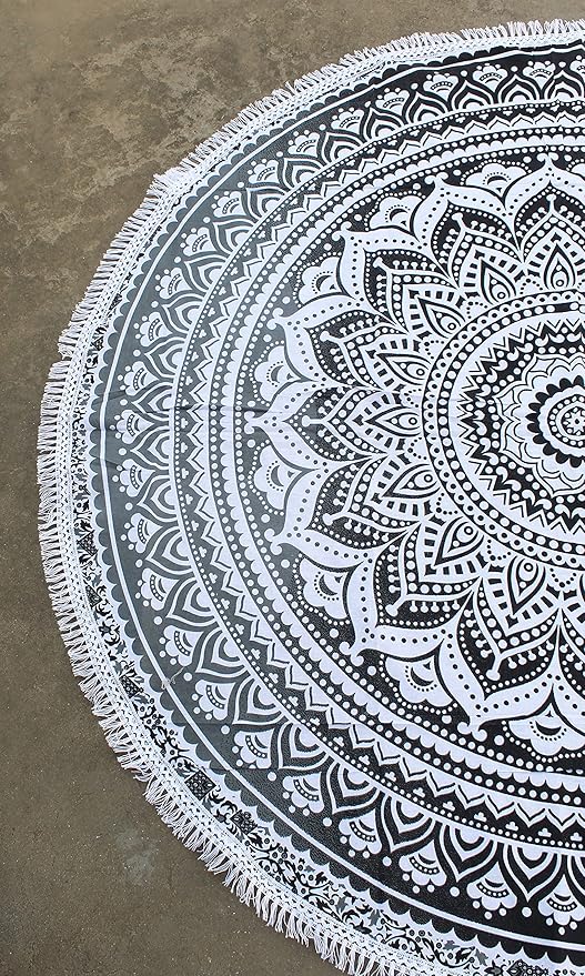 Round Beach Tapestry Turquoise Mandala Throw/Boho Hippie Beach Blanket Roundie/Indian Cotton Bohemian Large Round Table Cloth-Home Decor/Yoga Mat Meditation Picnic Rug (70", Grey)