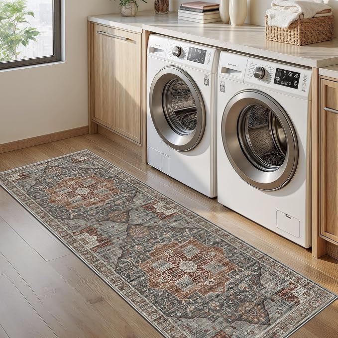 Washable Runner Rug 2x6 Runners for Hallways, Ultra-Thin Carpet Runners for Entryway Anti Slip Backing Runner Rugs for Kitchen Laundry Room Indoor Hallway (Grey/Brown/Tan)