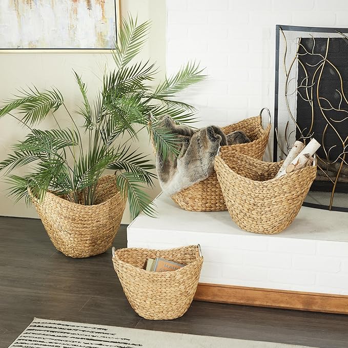 Deco 79 Seagrass Handmade Decorative and Functional Storage Basket Woven Curved Basket Organizer with Silver Metal Handles, Set of 4 Basket for Storage 14", 16", 19", 21"W, Brown