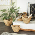 Deco 79 Seagrass Handmade Decorative and Functional Storage Basket Woven Curved Basket Organizer with Silver Metal Handles, Set of 4 Basket for Storage 14", 16", 19", 21"W, Brown