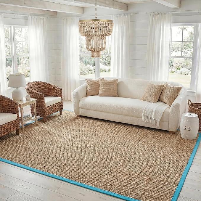 SAFAVIEH Area Rug 8x10 - Natural Fiber Collection - Large - Natural & Turquoise, Seagrass, Basketweave Pattern (NF114S)