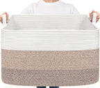 Goodpick Large Woven Blanket Basket 23.6" x 15.7" x 13.8" Cotton Rope Storage Organizer for Dirty Clothes Pillows, Soft Toy Storage Basket for Nursery Home Decor, White & Light Brown