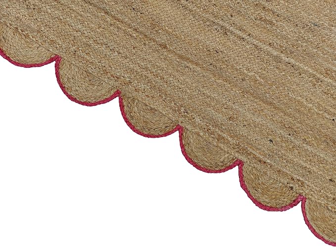 Scalloped Natural Jute Area Rug, Pink Trim, 2'x12'