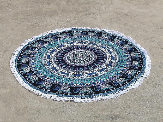 Round Beach Tapestry Turquoise Mandala Throw/Boho Hippie Beach Blanket Roundie/Indian Cotton Bohemian Large Round Table Cloth-Home Decor/Yoga Mat Meditation Picnic Rug (42", Green and Black)