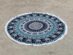 Round Beach Tapestry Turquoise Mandala Throw/Boho Hippie Beach Blanket Roundie/Indian Cotton Bohemian Large Round Table Cloth-Home Decor/Yoga Mat Meditation Picnic Rug (42", Green and Black)