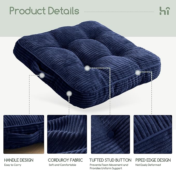 HIGOGOGO Floor Pillow Cushion for Adults, Meditation Cushion Pillow, Large Square Floor Sitting, Tufted Corduroy Cover, for Tatami Living Room or Yoga, 22x22 Inch, 2Pack, Navy