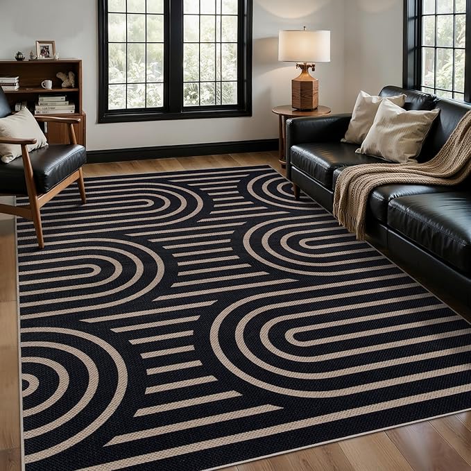 Tangsoo Easy Jute Rug 4x6 Washable Area Rug for Outdoor Patio,Black Rainbow Non-Slip Thin Farmhouse Door Carpet,Boho Indoor Throw Mat for Living Room Bedroom Sunroom Backyard
