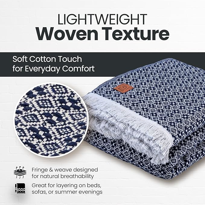 Gold Case Throw Blanket for Bed - 100% Recycled Turkish Cotton Blanket - Retro Lightweight Soft Throw Blankets for Bed & Living Room - Queen Size Cozy Blankets - 90x90 - Navy Blue