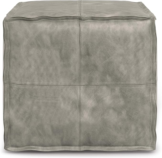 SIMPLIHOME Brody Square Pouf - 18 inch Wide Upholstered Vegan Leather Ottoman in Distressed Grey, Boho Footstool, Coffee Table or Extra Seating for Living Room or Bedroom, Assembled