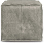 SIMPLIHOME Brody Square Pouf - 18 inch Wide Upholstered Vegan Leather Ottoman in Distressed Grey, Boho Footstool, Coffee Table or Extra Seating for Living Room or Bedroom, Assembled