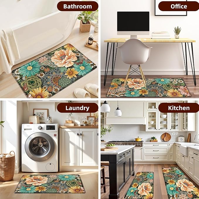 Boho Floral Kitchen Mats for Floor 2PCS Anti Fatigue Mats for Kitchen Floor Cushioned Non Slip Waterproof Memory Foam PVC Kitchen Rugs Set for Sink,Office,Laundry 17.3"x28"+17.3"x47"