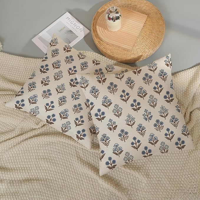Brown Blue Pillow Covers 18x18 Set of 2 Boho Block Print Floral Pillow Cases Vintage Flower Pattern Decorative Throw Pillows Linen Outdoor Decor Farmhouse Cushion Cover for Couch Sofa Bed