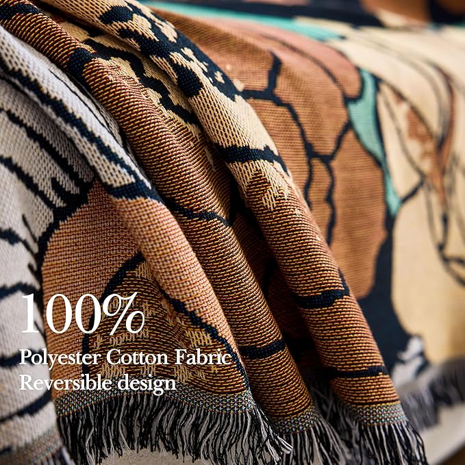 Boho Throw Blanket, 100% Handwoven Cotton Southwestern Farmhouse Floral Decor Reversible Blanket, All Season Throw for Sofa Bed Tapestry Outdoor Camping Picnic. 71″×134″