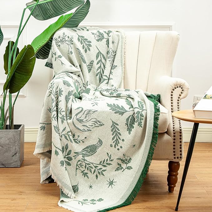 LALIFIT Boho Chic Decorative Throw Blanket Vintage Woodland Floral Bird Design with Tassels Soft Cotton Lightweight & Cozy for Home, Couch, Sofa, Farmhouse 50x60 Inches (Forest Green)