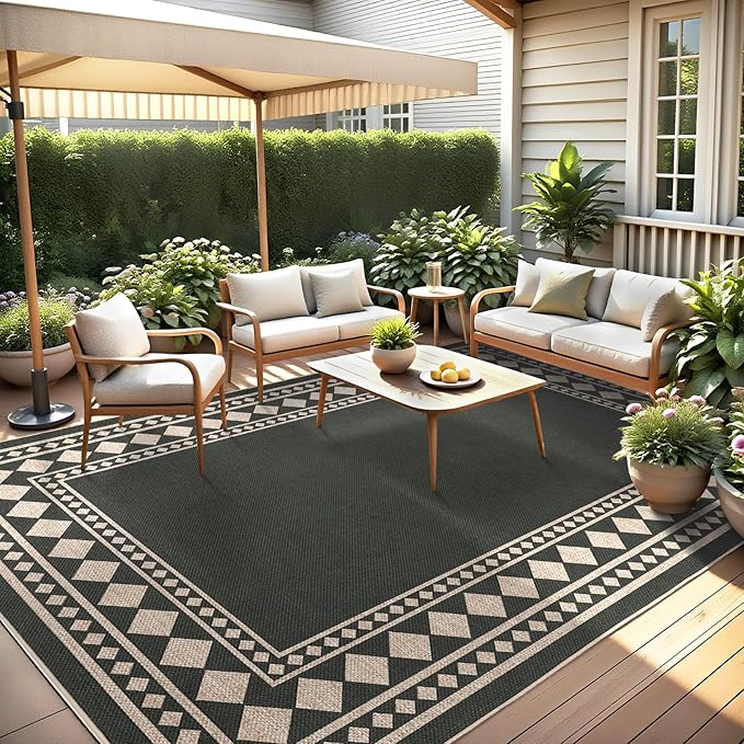 GarveeHome Easy Jute Rug 8x10 Washable Jute Rugs for Living Room, Non-Slip Outdoor Rug for Patio, Modern Indoor Solid Bordered Rugs for Dining Room Table Bedroom Patio Farmhouse, Black