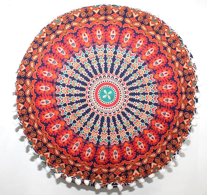 INDIAN CRAFT CASTLE ICC Mandala Barmeri Large Floor Pillow Cover Cushion Meditation Seating Ottoman Throw Cover Hippie Decorative Zipped Bohemian Pouf Ottoman Cases Multi Orange 16" Round